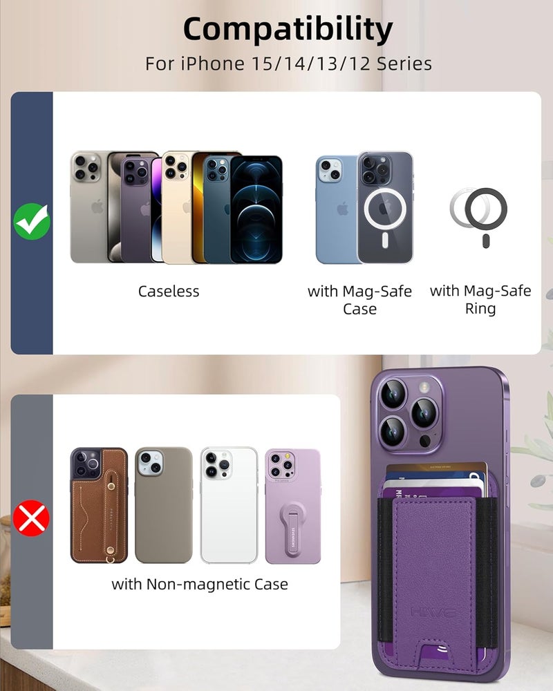 HiWe for MagSafe Wallet, Strongest Magnetic Wallet for iPhone 17/16/15/14/13/12 Series, 7 Cards Holder, Leather Minimalist Slim RFID, 1 Slot, Dark Purple & Black - Image 5